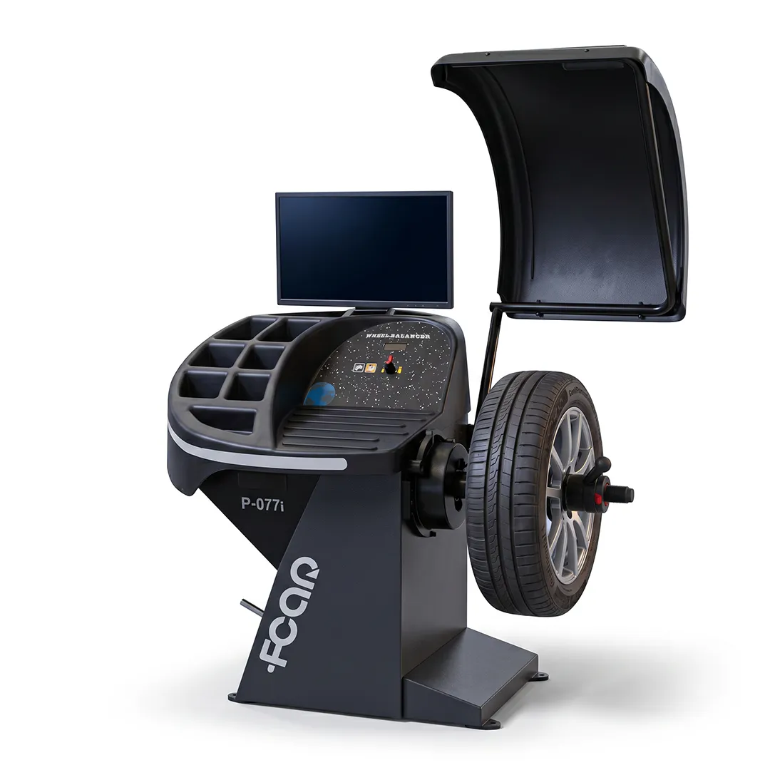 Equilibradora de ruedas FCAR P-077I con monitor, protección de rueda y neumático montado en el eje